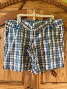 Women’s Spacegirlz blue green brown plaid cute long shorts size 22